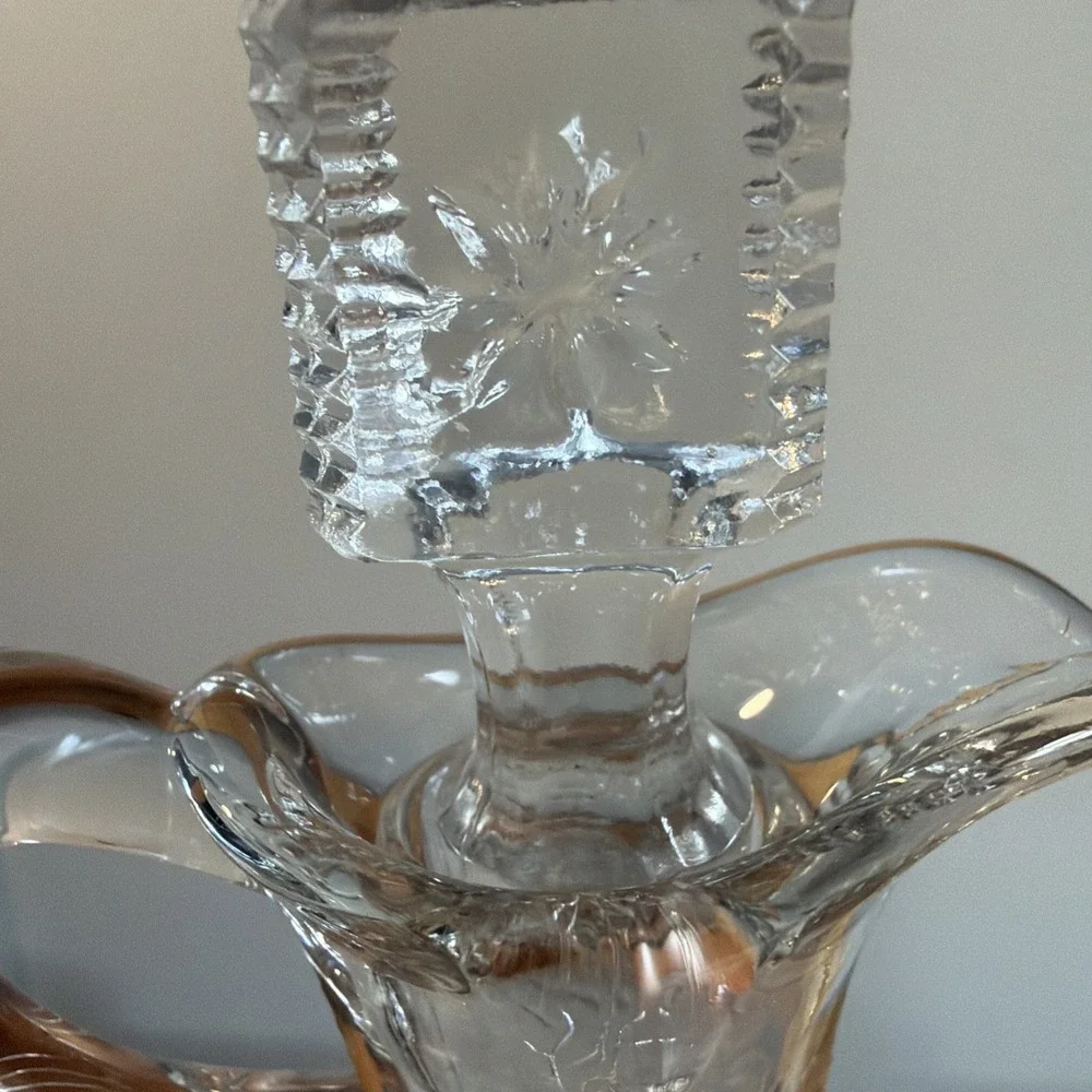 Antique EAPG Flint Glass Square Maple Leaf Decanter Pitcher Bottle Stopper 9.5